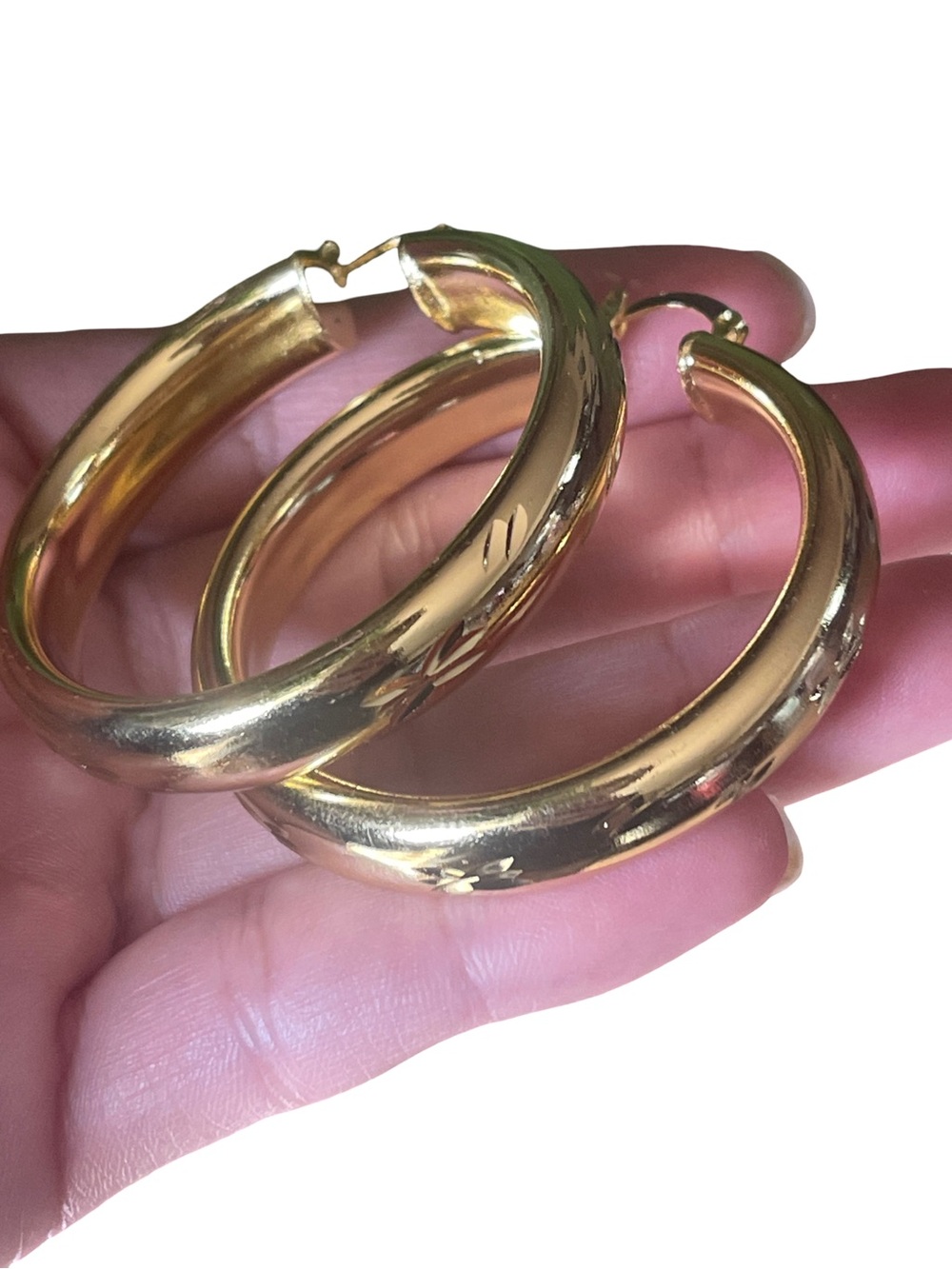 Gold Tone Floral-Engraved Hoop Earrings - Picture 3 of 3